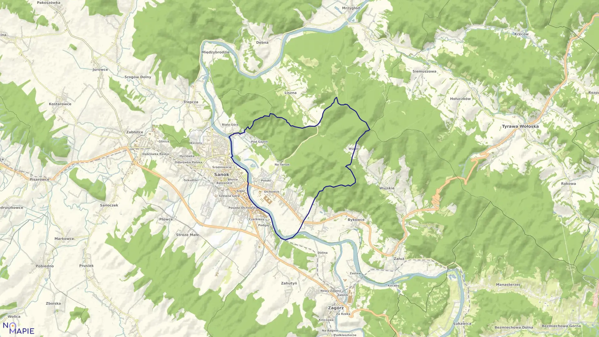 Mapa obrębu Olchowce w mieście Sanok