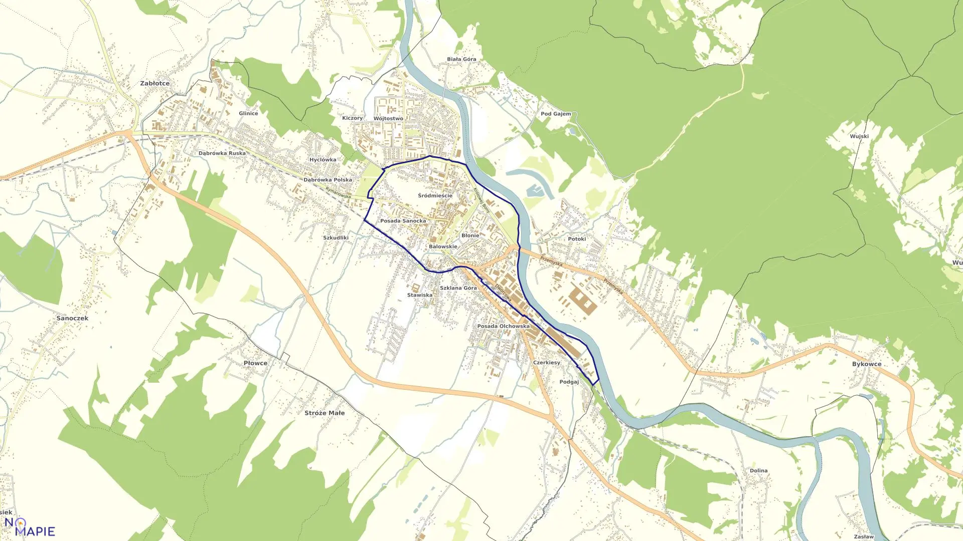 Mapa obrębu Śródmieście w mieście Sanok